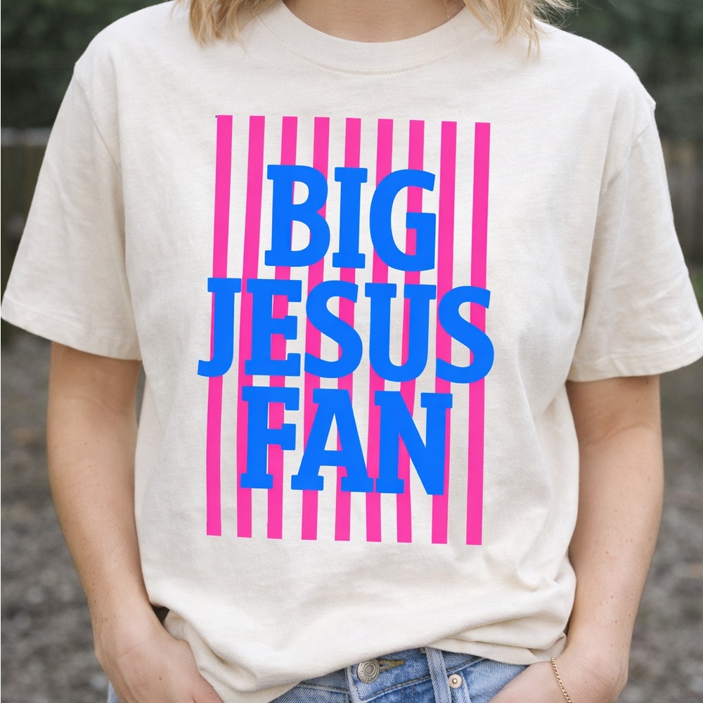 Cream Faith Based Graphic Tee with Pink and Blue Print